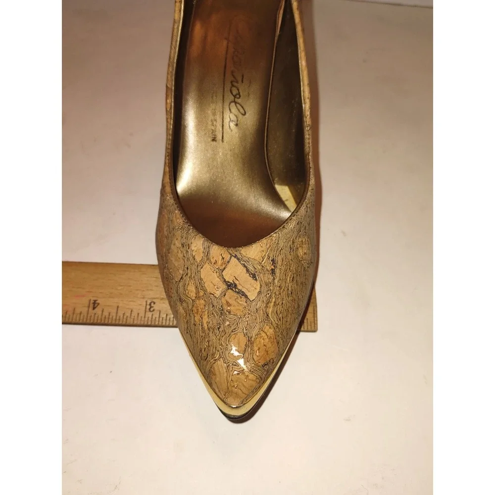 Española Cork Stiletto Pumps Gold Metal Detail Made in Spain Tan Heels Size 5-6
